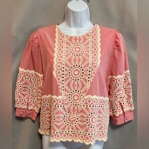 Renata Gasparian Top‎ Blouse Coquette Puff Sleeve Pink Beige Medium Embroidered